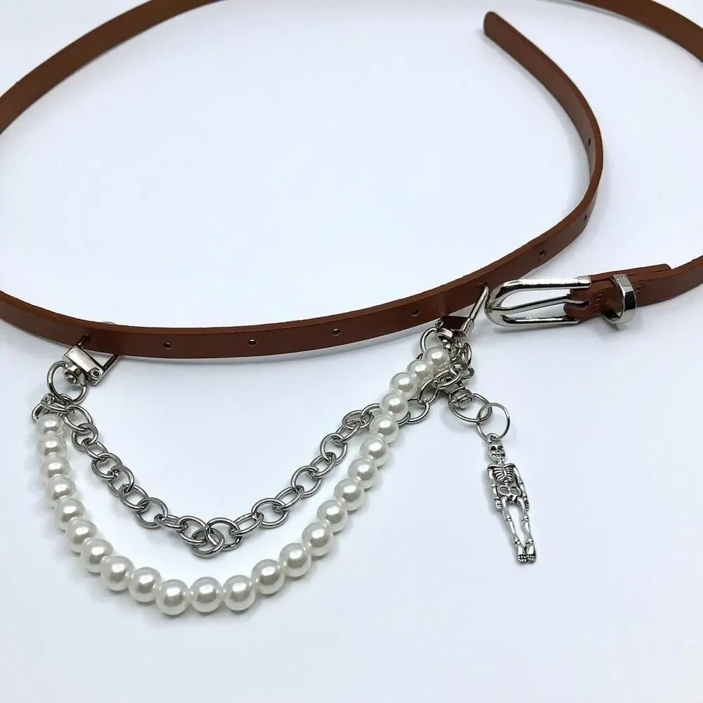 Vintage Y2K Whimsygoth Skeleton Pearl Chain Belt, Fits 33–36 Inches, X7GA1193